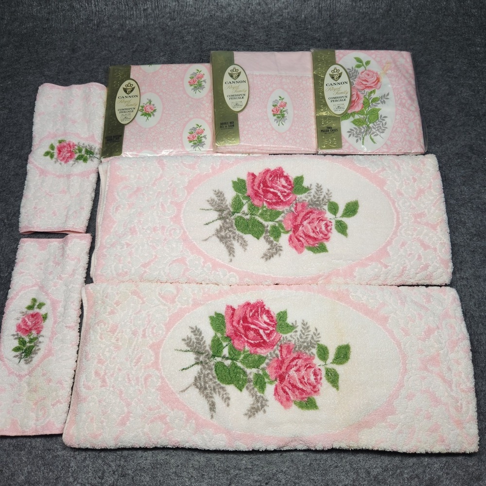 Cannon Embassy Rose Floral Double Bed Sheets Fitted Flat Pillowcases Towels NOS